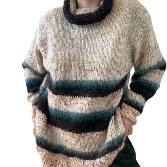 Hand Knit Womens Oversized Mohair Striped Fluffy Fuzzy Cowl Neck Sweater Sz L - Picture 6 of 8